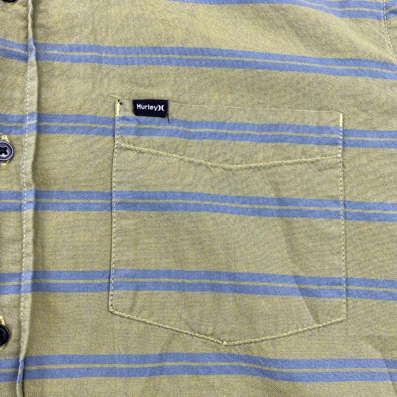 Hurley Shirt Men Medium Large L Green Blue Striped Button Down Short Sleeve Surf - Picture 2 of 12